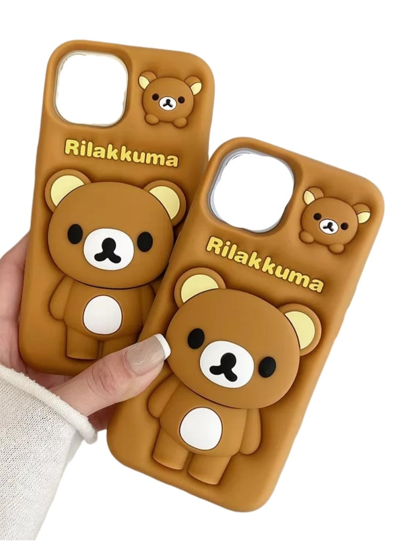 Back Cover for iPhone 15 Pro Max, Cartoon Brown bear case with pop holder Standing Soft Rubber Silicone Case (Brown) - Image 5