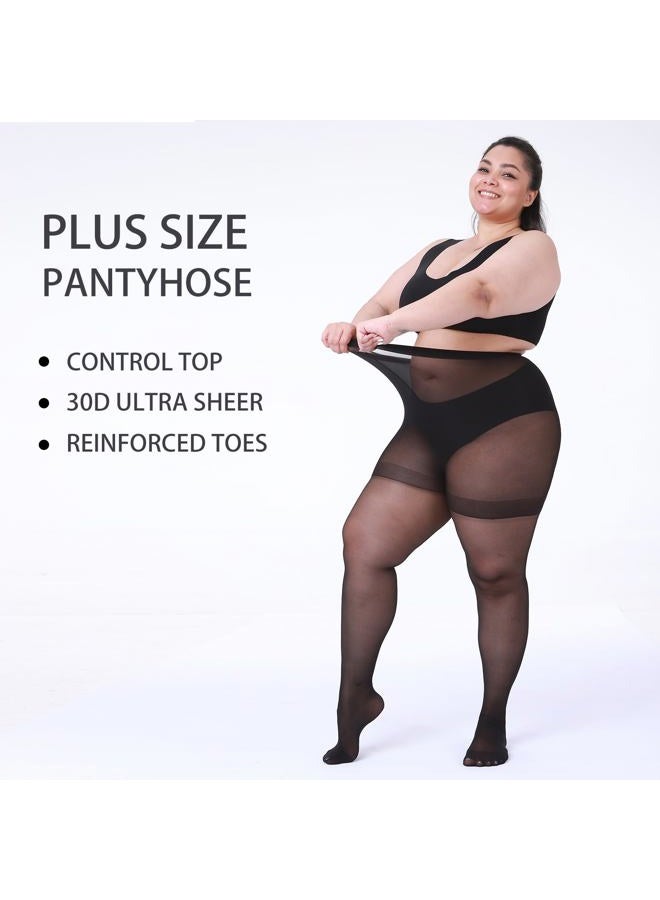 LADYFAN 2 Pack Plus Size Pantyhose for Women – 30D Ultra-Sheer Control Top Tights Reinforced Toe & Waistband, Black, 7X-Large-8X-Large - Image 4