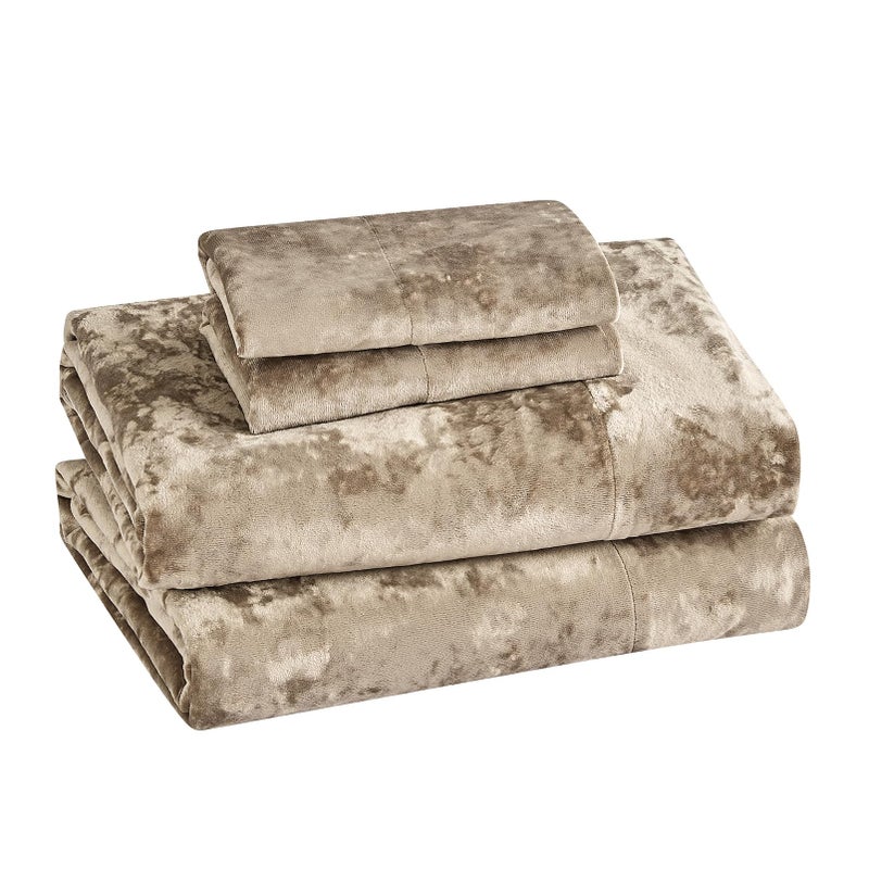 Fredsure Distressed Velvet Sheet Set, 4 Pieces Khaki King, Ultra Soft, Warm - Image 4