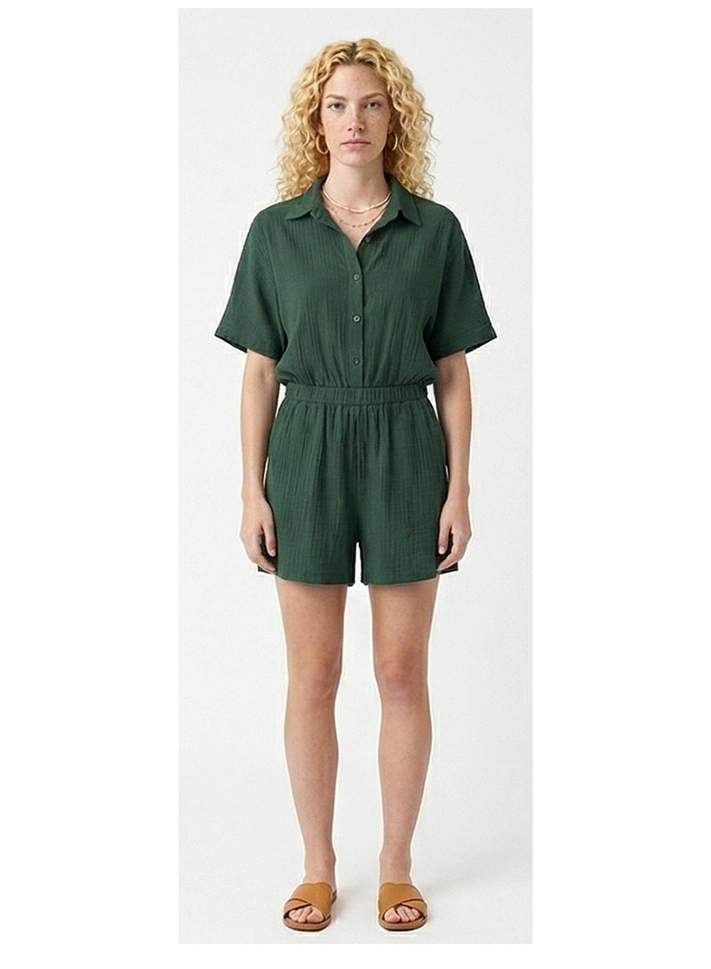 RAVIN Forest Green Textured Short Sleeve Button-Down Romper - Image 1