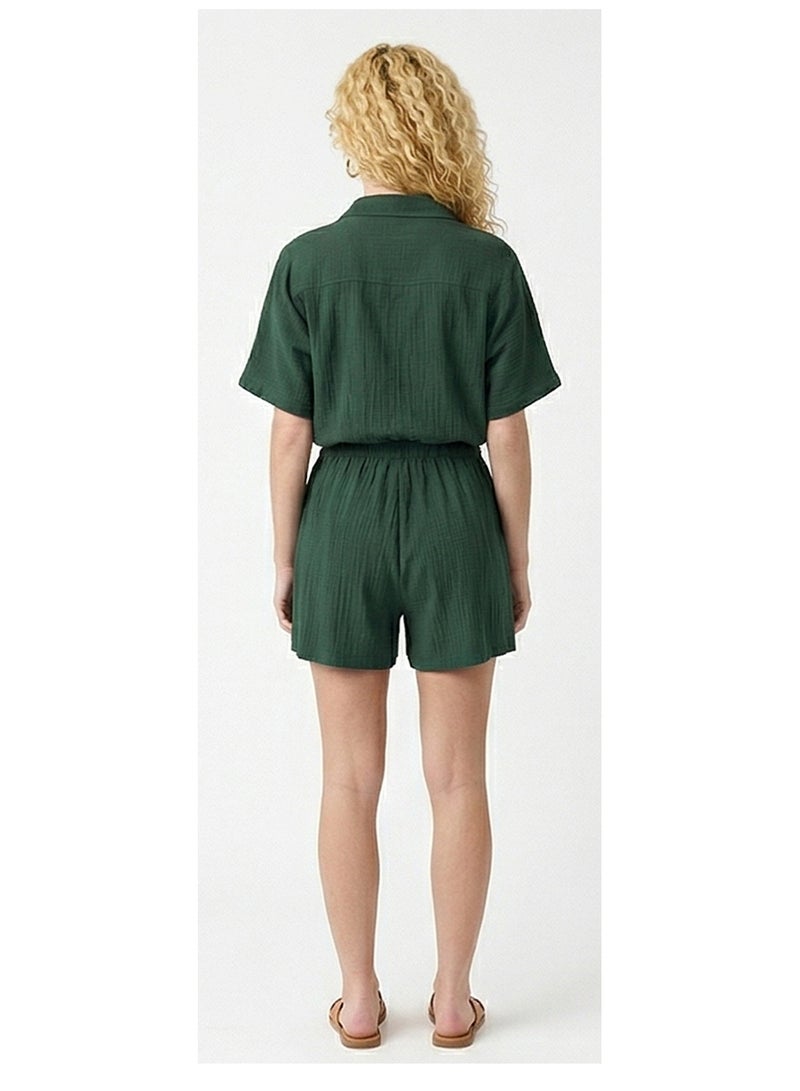RAVIN Forest Green Textured Short Sleeve Button-Down Romper - Image 2