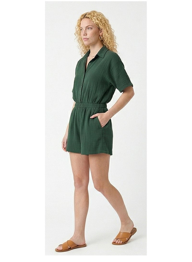 RAVIN Forest Green Textured Short Sleeve Button-Down Romper - Image 4