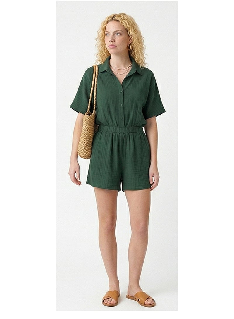 RAVIN Forest Green Textured Short Sleeve Button-Down Romper - Image 3