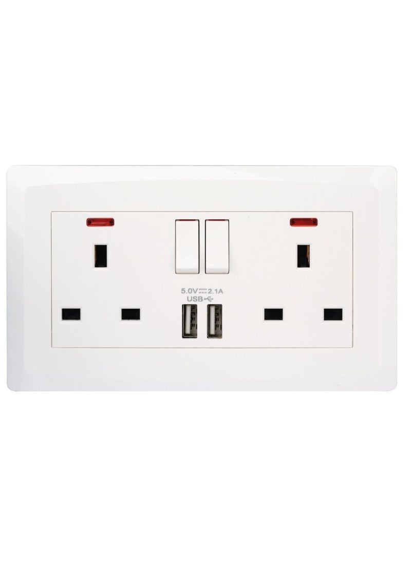 Terminator Wall Plate With 2 UK Switch Sockets + 2 USB Neon Indicators TWS 2SI-2USB