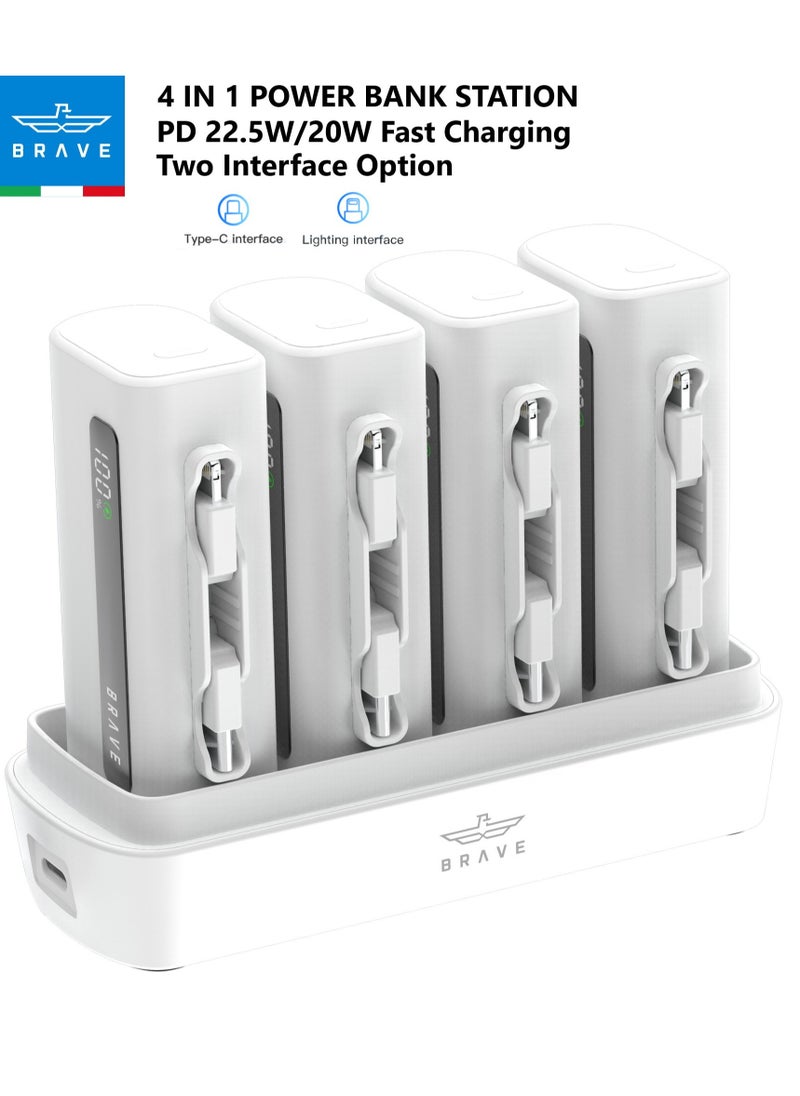 Brave - Power Bank Station Kit, Multi-Device Charging Dock, 4x 5000mAh Portable Charger Set with PD22.5W Type-C & PD20W Lightning, LED Display, Fast Charging External Battery for iPhone 16/15/14/13/12, Samsung S25/S24/S23/S22, iPad Pro, AirPods Pro, and More - USB-C Power Bank Charging Station (White) - Image 1