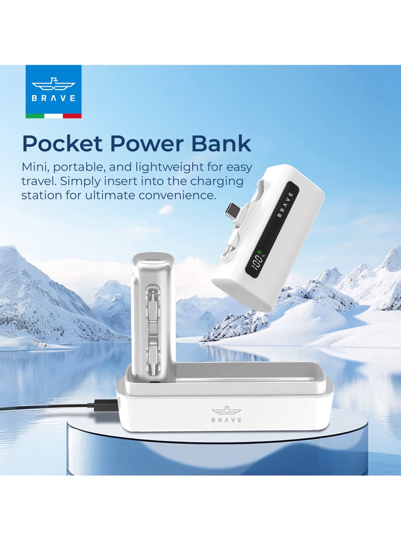 Brave - Power Bank Station Kit, Multi-Device Charging Dock, 4x 5000mAh Portable Charger Set with PD22.5W Type-C & PD20W Lightning, LED Display, Fast Charging External Battery for iPhone 16/15/14/13/12, Samsung S25/S24/S23/S22, iPad Pro, AirPods Pro, and More - USB-C Power Bank Charging Station (White) - Image 1