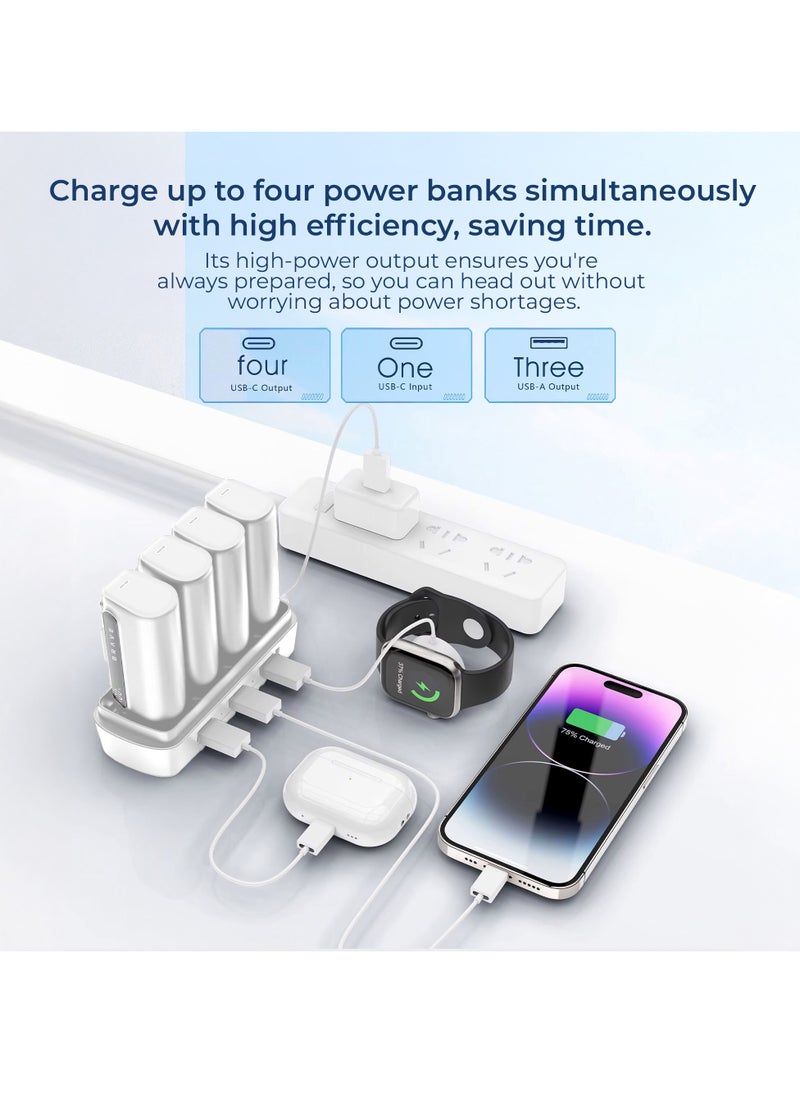 Brave - Power Bank Station Kit, Multi-Device Charging Dock, 4x 5000mAh Portable Charger Set with PD22.5W Type-C & PD20W Lightning, LED Display, Fast Charging External Battery for iPhone 16/15/14/13/12, Samsung S25/S24/S23/S22, iPad Pro, AirPods Pro, and More - USB-C Power Bank Charging Station (White) - Image 1