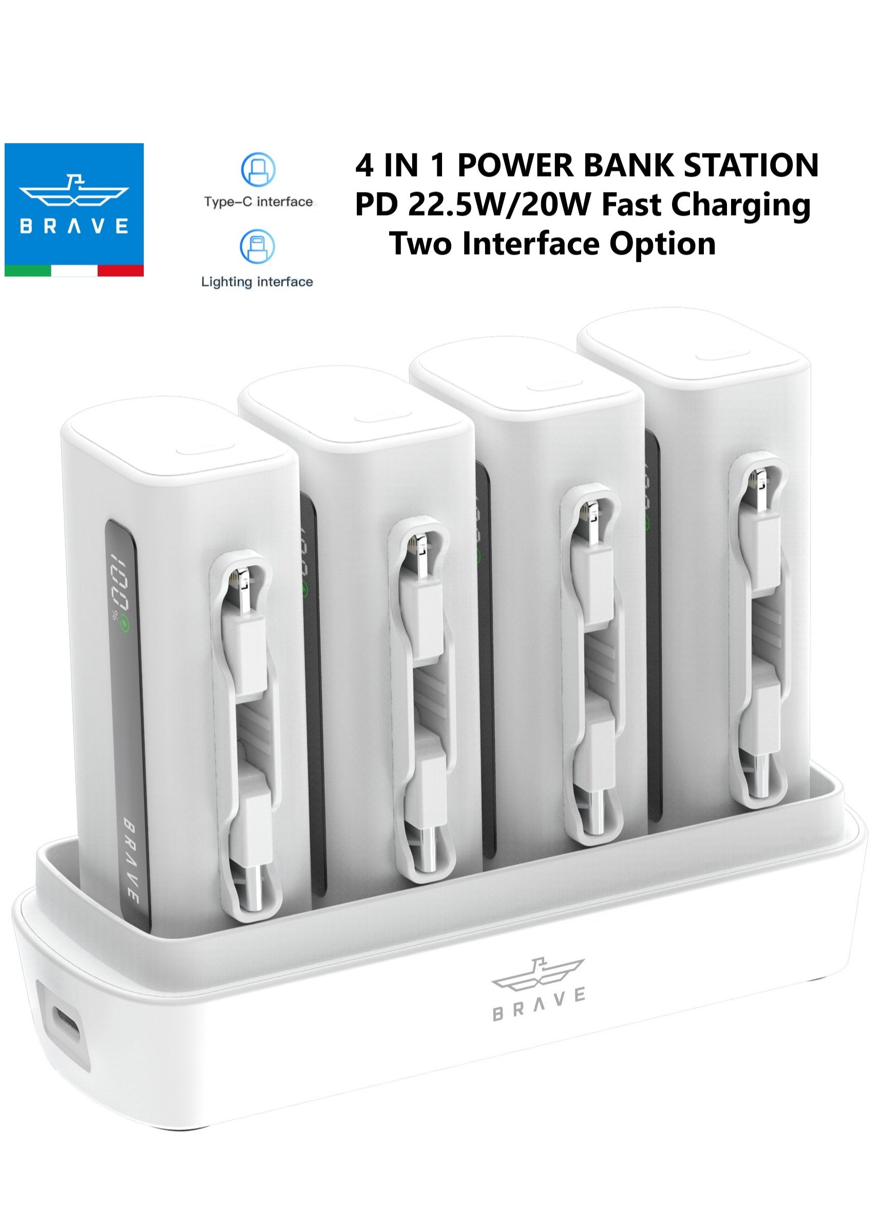 Brave Power Bank Station Set, Multi-Device Charging Dock, Portable Charger Bundle 4 x 5000mAh with PD22.5W Type-C & PD20W Lightning, LED Display, Fast Charging External Battery for iPhone 16/15/14/13/12, Samsung S24/S23/S22, iPad Pro, AirPods Pro, and More - USB-C Powerbank Charging Station (White) 