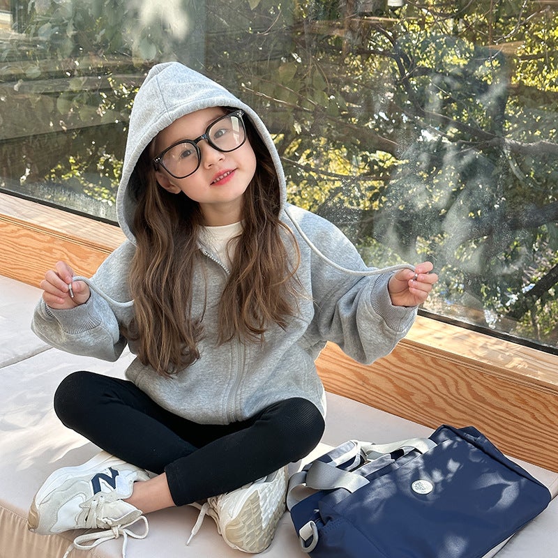 Kids Hooded Sweatshirt Jacket Spring 2024 Casual Solid Zip-Up Beige - Image 2