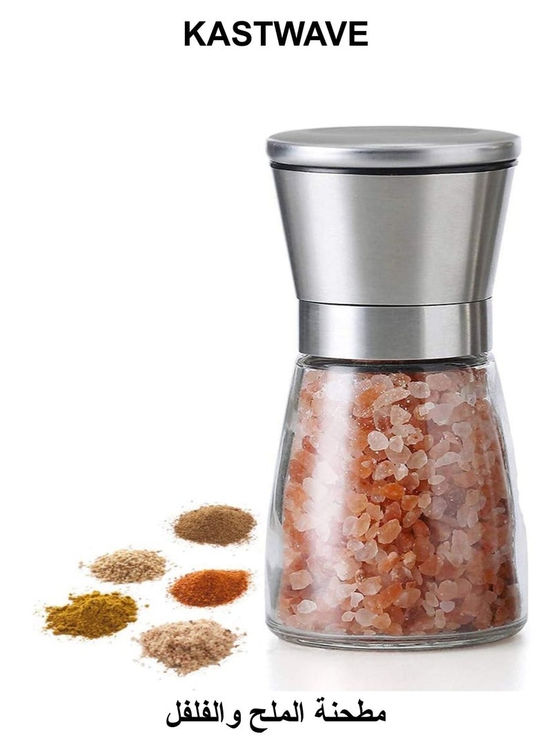 KASTWAVE Salt and Pepper Grinder, Black Pepper,Herb Shakers Mill Refillable Manua Stainless Steel Lid, Adjustable Coarseness, Ceramic Blades, Refillable Glass Body with 6OZ Capacity - Image 1