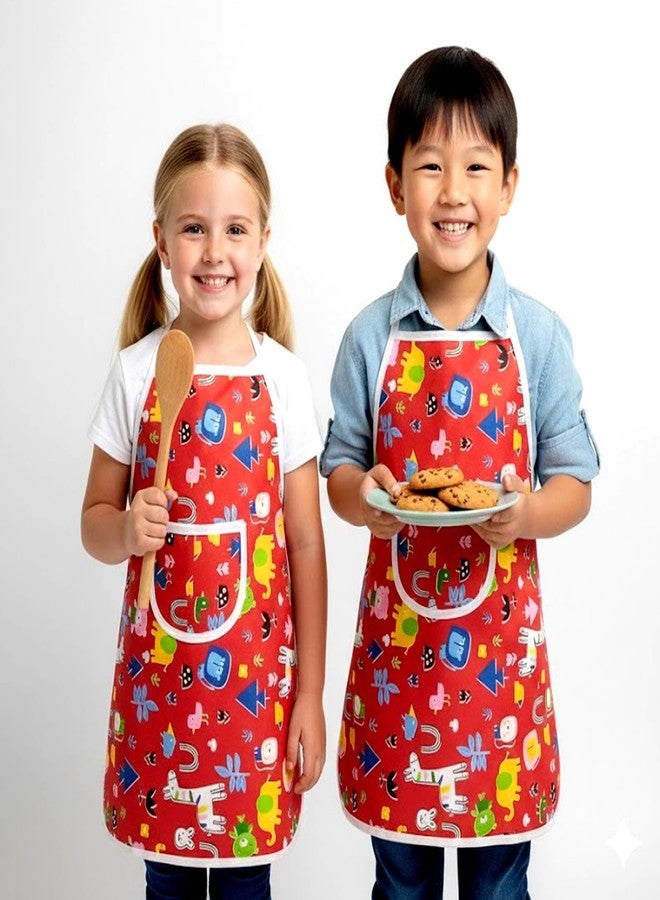 JMi Kids Printed Waterproof Apron for Boys & Girls | Cartoon Style Chef Apron for Cooking, Painting & Craft | Lightweight Kitchen Apron Neck Strap with Pocket (3–8 Years) (Red) - Image 4