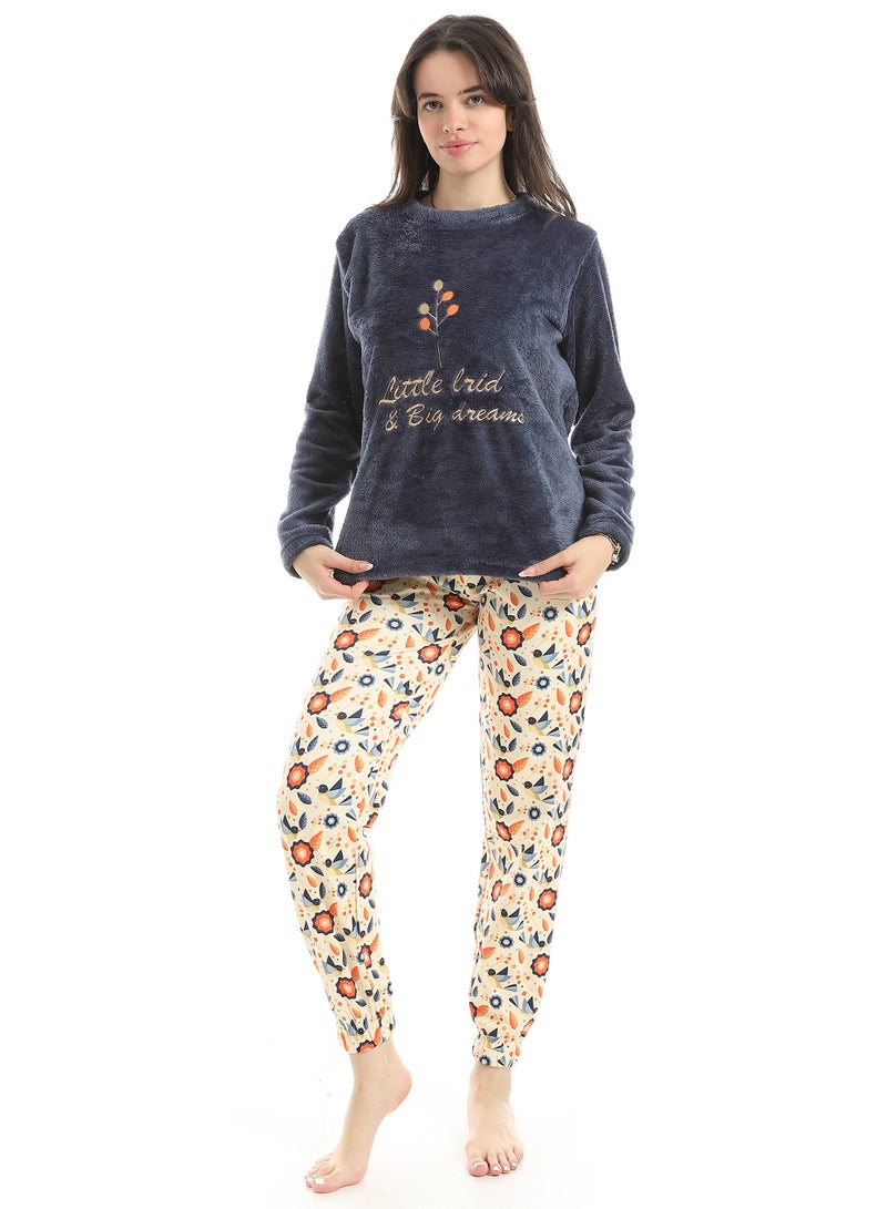 Defect Women's navy blue embroidered fur pajamas - Image 1