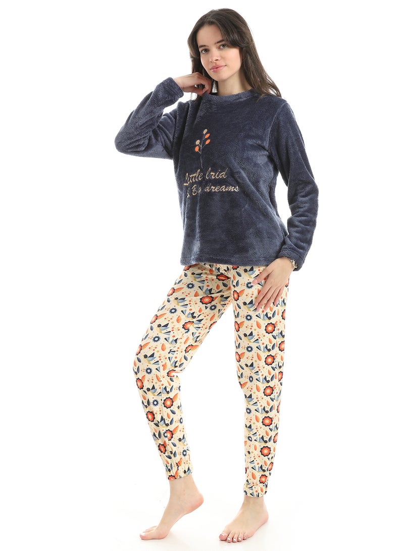 Defect Women's navy blue embroidered fur pajamas - Image 2