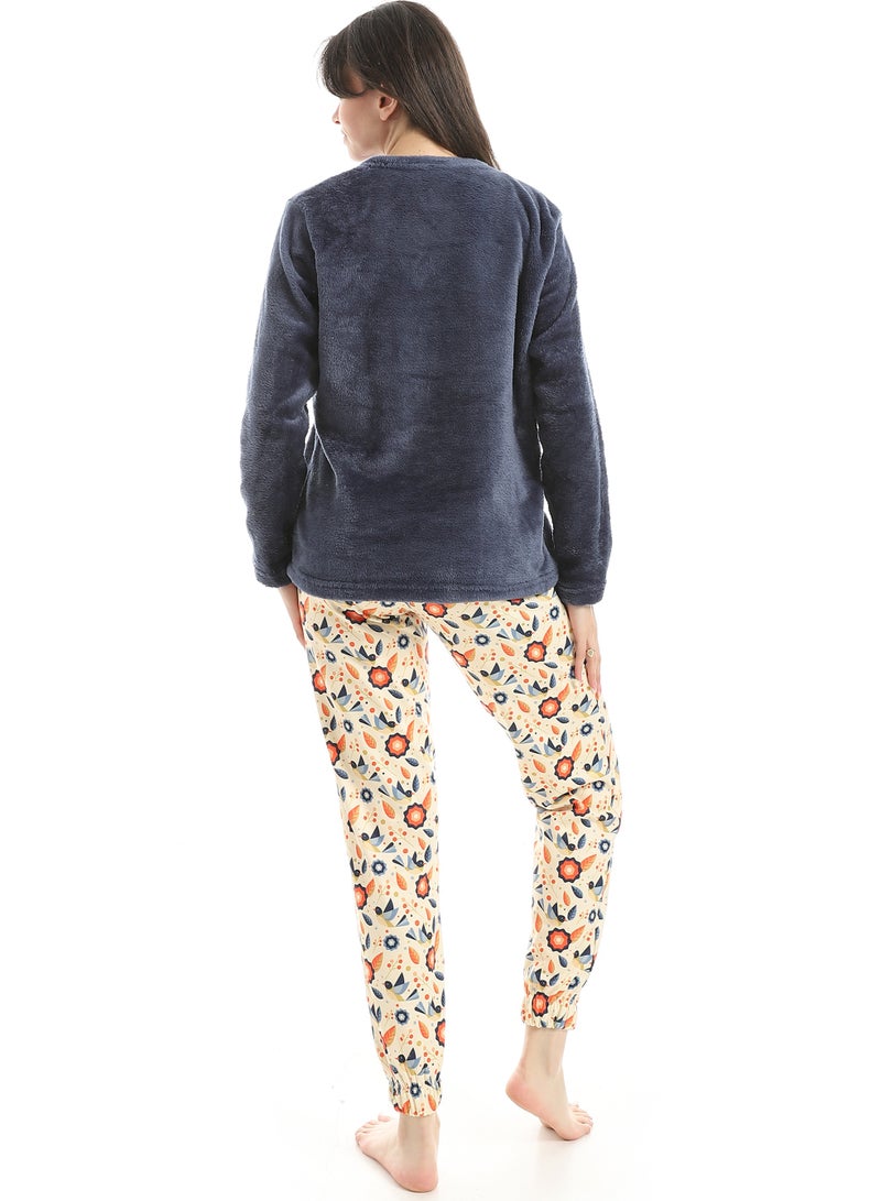 Defect Women's navy blue embroidered fur pajamas - Image 3
