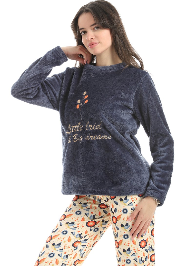 Defect Women's navy blue embroidered fur pajamas - Image 4