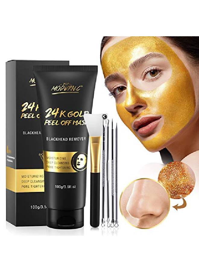 POP MODERN.C Blackhead Remover Mask 24K Gold Peel Off Mask Gold Facial Mask Antiaging Deep Cleansing Reduces Fine Lines＆ Wrinkles Great For All Skin With Blackhead Remover Extractor Tools Kit & Mask Brush  - Image 1