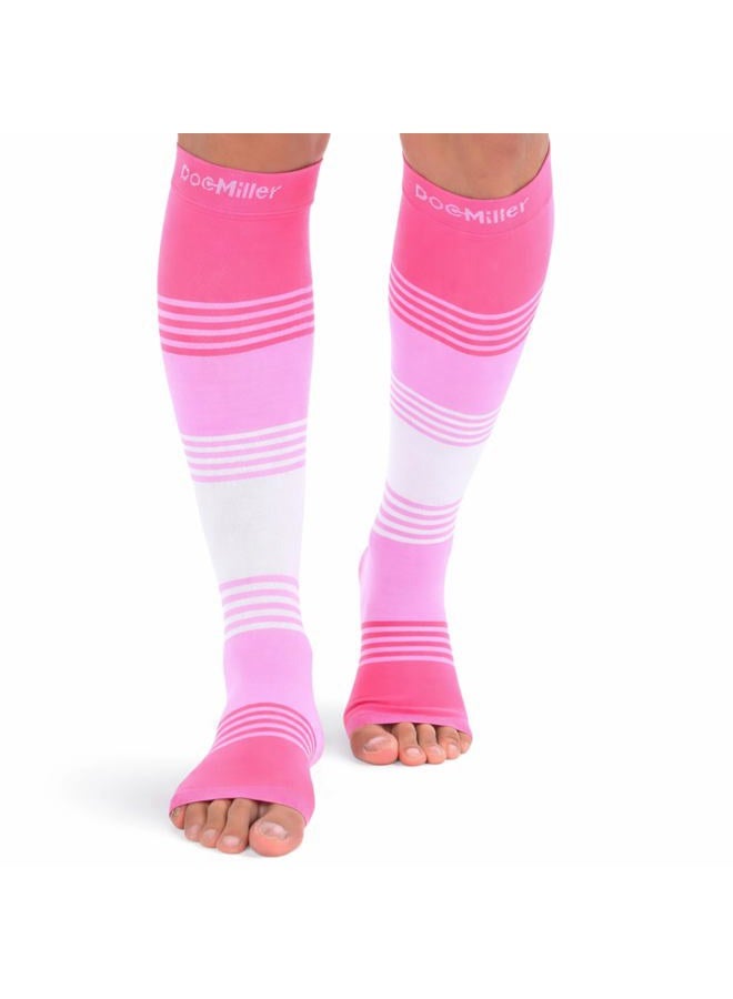 Doc Miller Premium Open Toe Compression Socks Dress Series 1 Pair 20-30mmHg, Toeless Compression Socks Women, Open Toe Pinkpinkwhite, M - Image 1