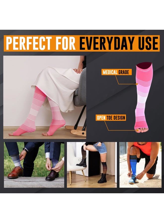 Doc Miller Premium Open Toe Compression Socks Dress Series 1 Pair 20-30mmHg, Toeless Compression Socks Women, Open Toe Pinkpinkwhite, M - Image 2