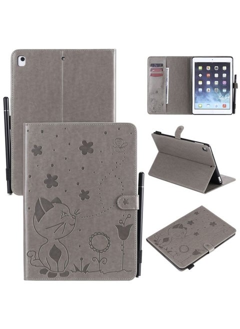 Case Cover For iPad Air 2 / Air / 9.7 2018 & 2017 Cat Bee Embossing Pattern Horizontal Flip Leather Case with Holder & Card Slots & Wallet & Pen Slot & Wake-up / Sleep Function Grey