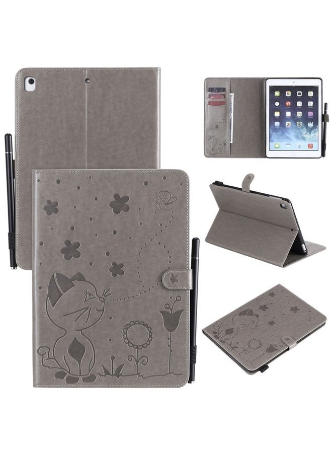 HuHa - Case Cover For iPad Air 2 / Air / 9.7 2018 & 2017 Cat Bee Embossing Pattern Horizontal Flip Leather Case with Holder & Card Slots & Wallet & Pen Slot & Wake-up / Sleep Function Grey - Image 1