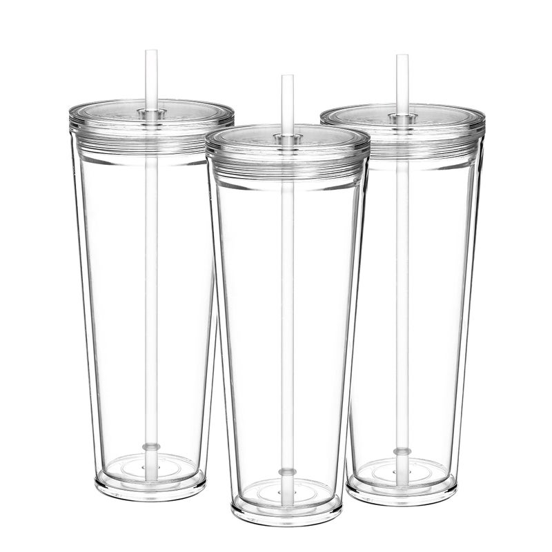 Suertestarry 24 oz Clear Tumblers with Lid and Straw 3 Pack Plastic Tumblers Reusable Double Wall Insulated Cups for TravelParties BirthdaysGifts3 Pack Transparent