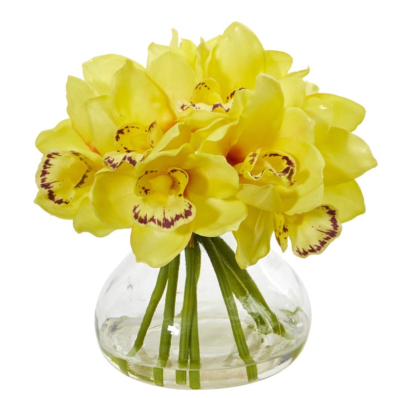 Nearly Natural Nearly Natural Cymbidium Orchid Artificial Glass Vase Silk Arrangements Yellow 