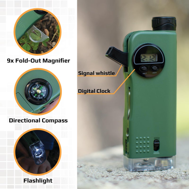 Carson X-Scope Kids 7 Function Multi Purpose Optical Pocket Tool with 30x Microscope, 8x Telescope, 9x Fold-Out Magnifier, Flashlight, Signal Whistle, Directional Compass and Digital Clock (CP-11) - Image 2