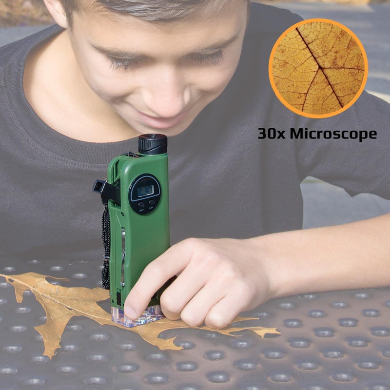 Carson X-Scope Kids 7 Function Multi Purpose Optical Pocket Tool with 30x Microscope, 8x Telescope, 9x Fold-Out Magnifier, Flashlight, Signal Whistle, Directional Compass and Digital Clock (CP-11) - Image 3