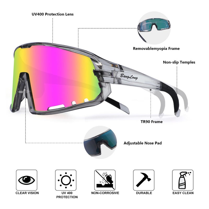 BangLong Cycling Glasses Sports Sunglasses, UV400 Protection Fishing Driving Running Baseball Sunglasses for Men Women (Grey Pink) - Image 5