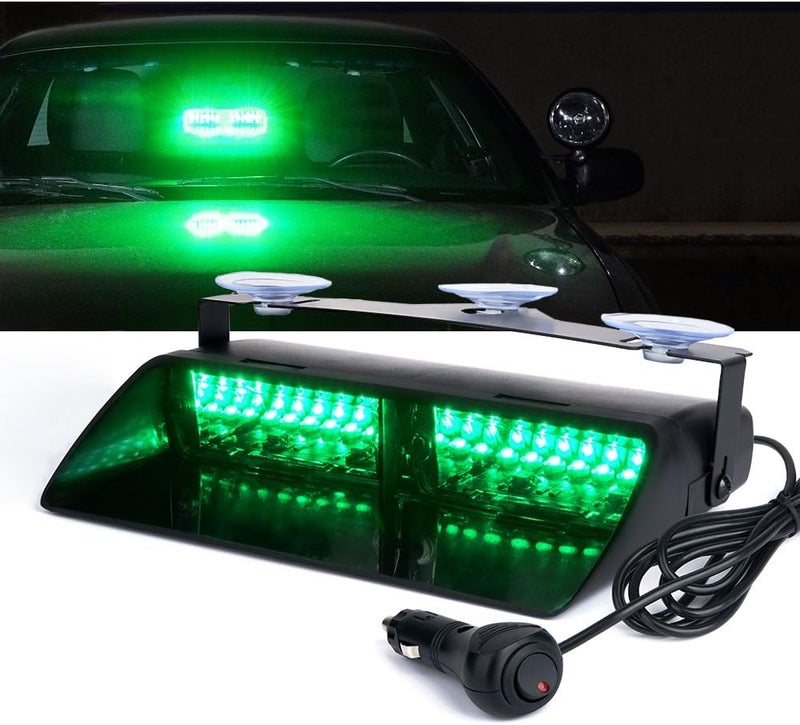 Xprite Green LED Emergency Dash Strobe Light, Interior Windshield Safety Warning Traffic Lights w/Suction Cups, 12V Windshield Visor Light Bar for Postal Law Enforcement Volunteer POV Vehicles Trucks - Image 1