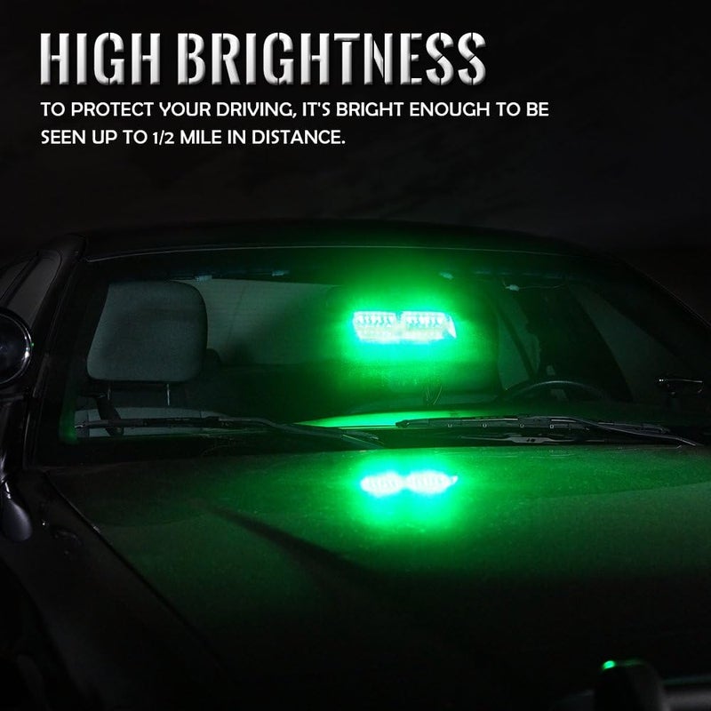 Xprite Green LED Emergency Dash Strobe Light, Interior Windshield Safety Warning Traffic Lights w/Suction Cups, 12V Windshield Visor Light Bar for Postal Law Enforcement Volunteer POV Vehicles Trucks - Image 3
