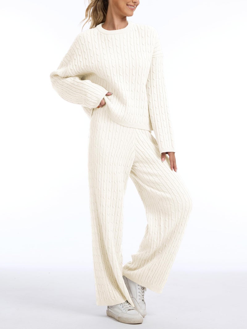 AnotherChill Women's Cable Knit Sweater Lounge Set â€“ Long Sleeve Pullover Top with Wide Leg Pants, 2 Piece Cozy Outfit (Beige, Small) - Image 3
