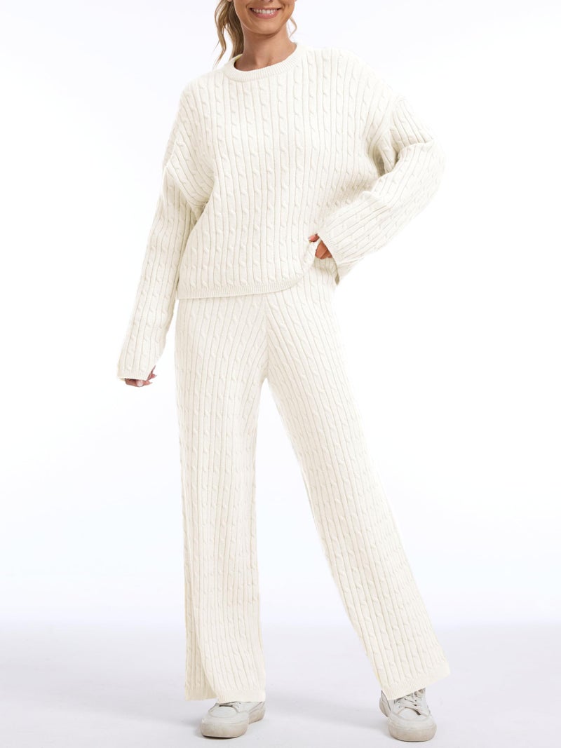 AnotherChill Women's Cable Knit Sweater Lounge Set â€“ Long Sleeve Pullover Top with Wide Leg Pants, 2 Piece Cozy Outfit (Beige, Small) - Image 2