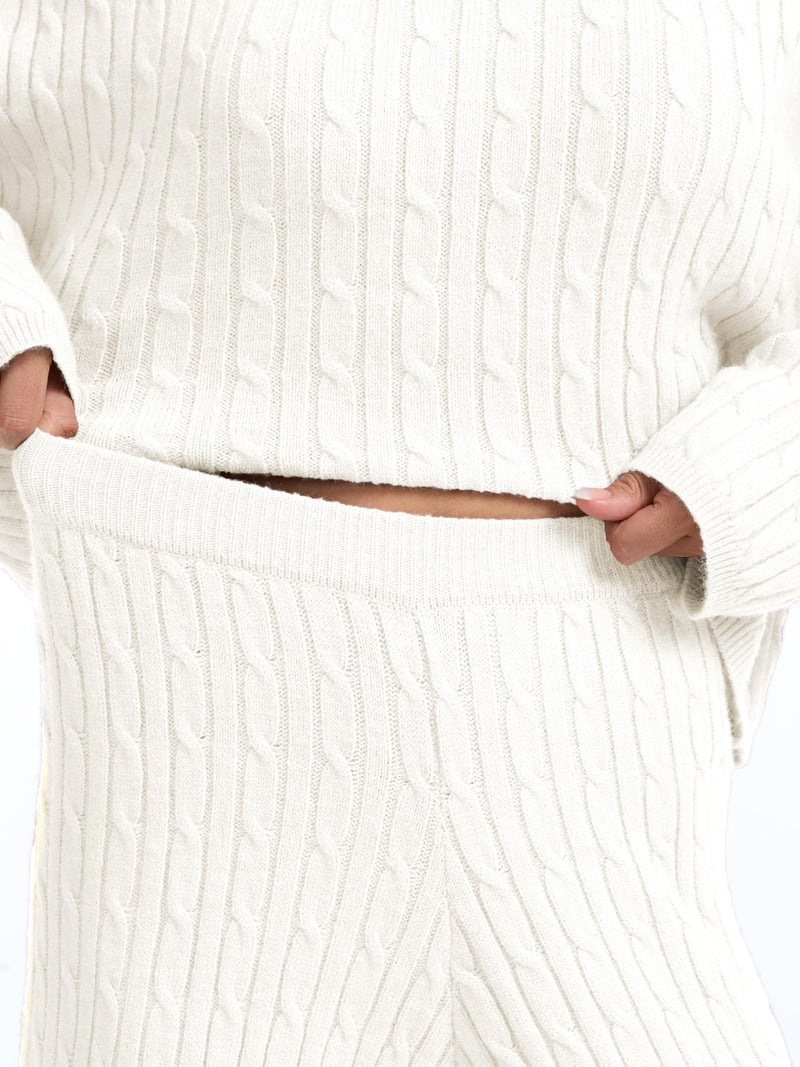 AnotherChill Women's Cable Knit Sweater Lounge Set â€“ Long Sleeve Pullover Top with Wide Leg Pants, 2 Piece Cozy Outfit (Beige, Small) - Image 5