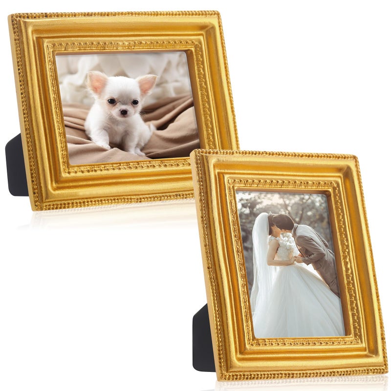 Qunclay 2 Pcs Small Gold Picture Frames Pack Mini Retro 2. 5x3. 5 Antique Tiny Ornate Photo Frames for Wall Hanging Tabletop Display Home Gallery Decor - Image 1