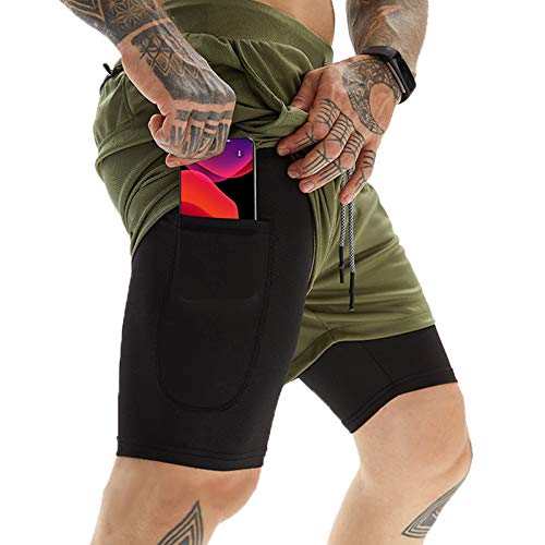 OEBLD Mens Athletic Shorts 2in1 Gym Workout Running 7 Shorts with Towel Loop Army Green