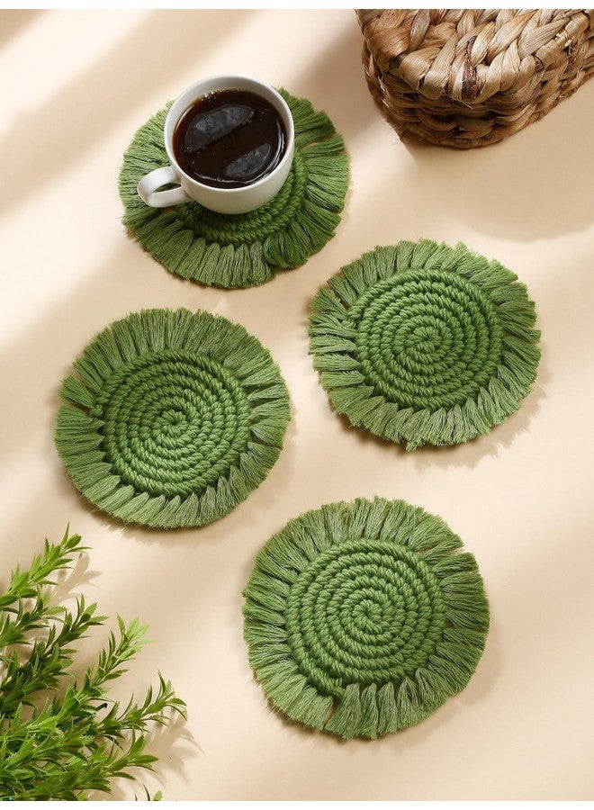 My Creative Hut Macrame Set of 4 Round Coasters Bohemian Style, Handmade, More Absorbent, Traditional, Diwali Gifting, Multipurpose, Big Size (Green) - Image 1