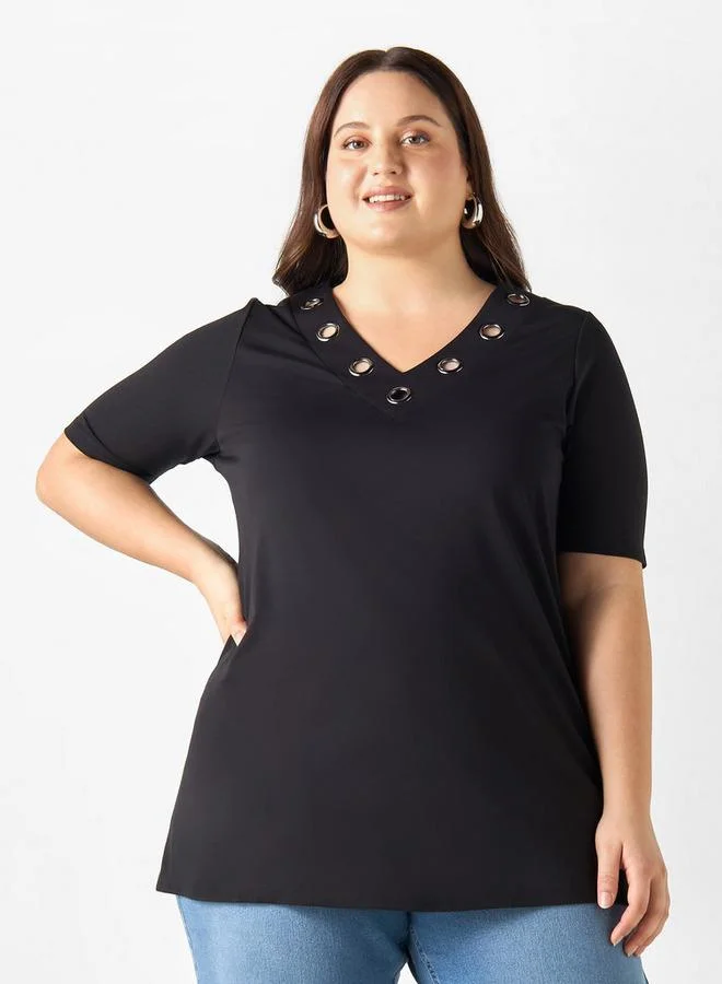 Ulla Popken Plus Size Ulla Popken Metal Accent V-neck Top with Short Sleeves