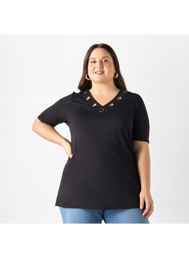 Ulla Popken Plus Size Ulla Popken Metal Accent V-neck Top with Short Sleeves  - Image 1