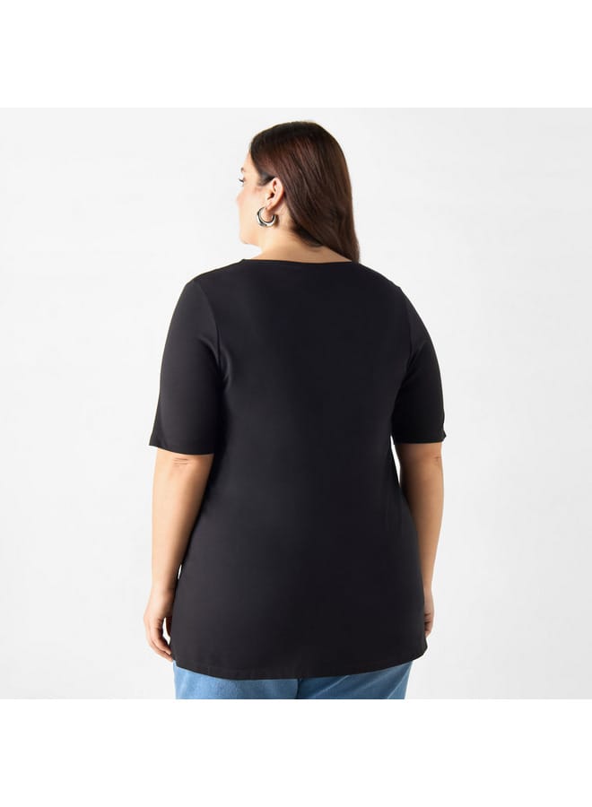 Ulla Popken Plus Size Ulla Popken Metal Accent V-neck Top with Short Sleeves  - Image 3