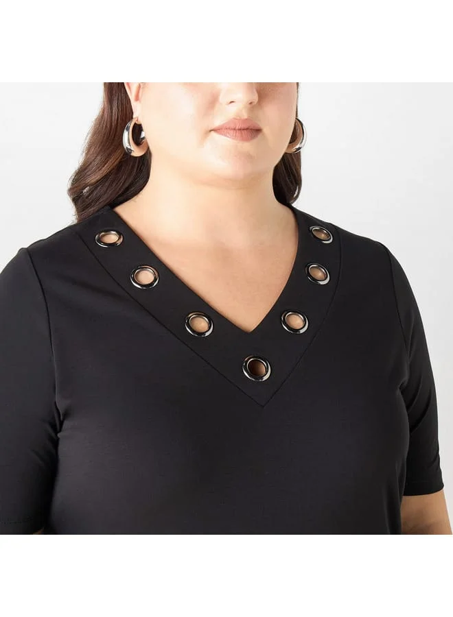 Ulla Popken Plus Size Ulla Popken Metal Accent V-neck Top with Short Sleeves