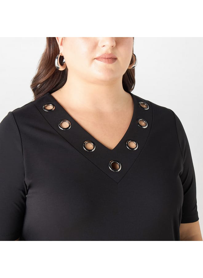 Ulla Popken Plus Size Ulla Popken Metal Accent V-neck Top with Short Sleeves  - Image 4