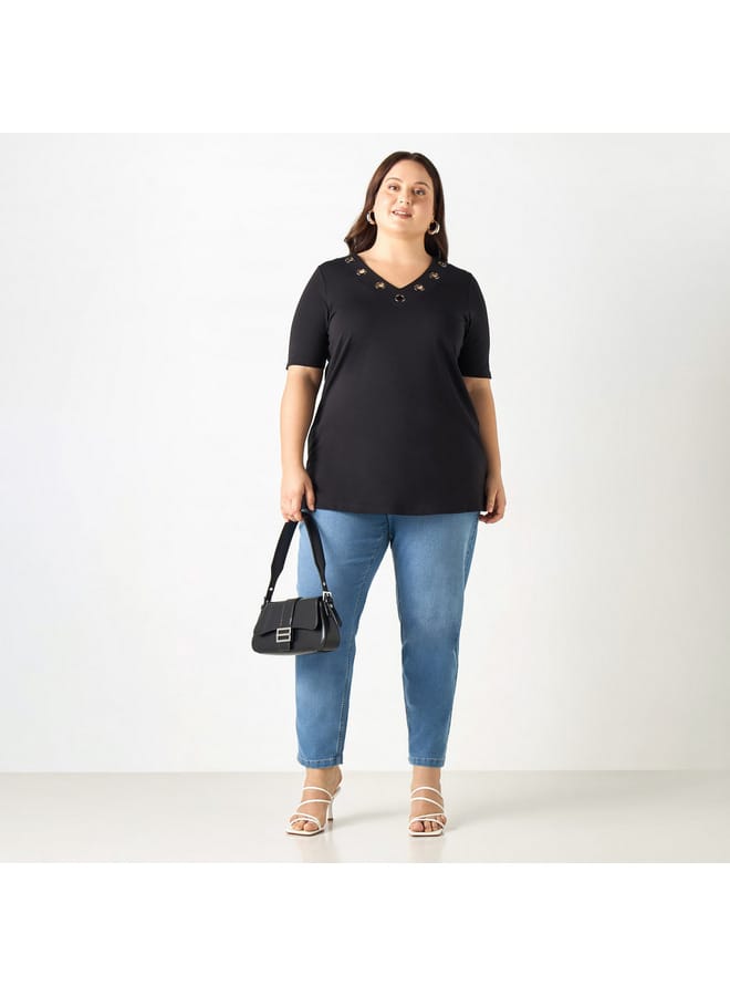 Ulla Popken Plus Size Ulla Popken Metal Accent V-neck Top with Short Sleeves  - Image 2