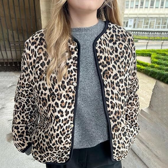2024 Europe and the United States cross-border foreign trade winter cotton collar pocket long sleeve leopard color matching warm cotton coat women Leopard print 
