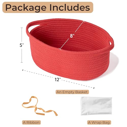 Kodomoore Gift Basket with Wrap Bag and Ribbon, Empty Small Woven Basket for Gift, Cute Decorative Gift Organizer for Baby Showers, Raffle, Valentine‘s, Easter and Mum – 12"x8"x5", Red - Image 3