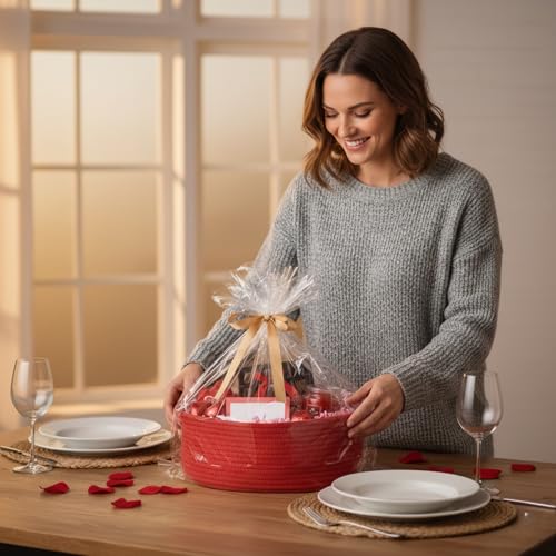 Kodomoore Gift Basket with Wrap Bag and Ribbon, Empty Small Woven Basket for Gift, Cute Decorative Gift Organizer for Baby Showers, Raffle, Valentine‘s, Easter and Mum – 12"x8"x5", Red - Image 2