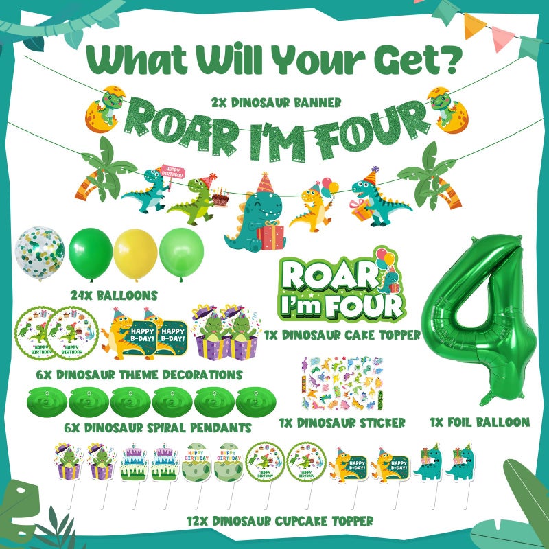 JUYRLE Roar Im 4 Dinosaur Party Decorations Boy, Dinosaur 4th Birthday Decorations, Four Rex Party Favors with Green Theme Cake Topper, Happy Birthday Banner, Four Rex Brthday Supplies - Image 2