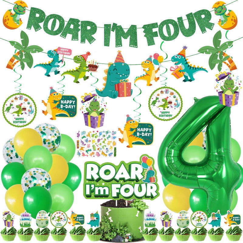 JUYRLE Roar Im 4 Dinosaur Party Decorations Boy, Dinosaur 4th Birthday Decorations, Four Rex Party Favors with Green Theme Cake Topper, Happy Birthday Banner, Four Rex Brthday Supplies - Image 1