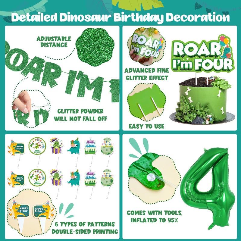 JUYRLE Roar Im 4 Dinosaur Party Decorations Boy, Dinosaur 4th Birthday Decorations, Four Rex Party Favors with Green Theme Cake Topper, Happy Birthday Banner, Four Rex Brthday Supplies - Image 3