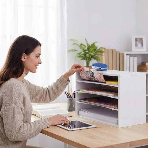 EMERIT Paper Organzier Wood Desktop Organizer Storage Letter Tray File Sorter with Adjustable Shelves for Home Office - Image 5
